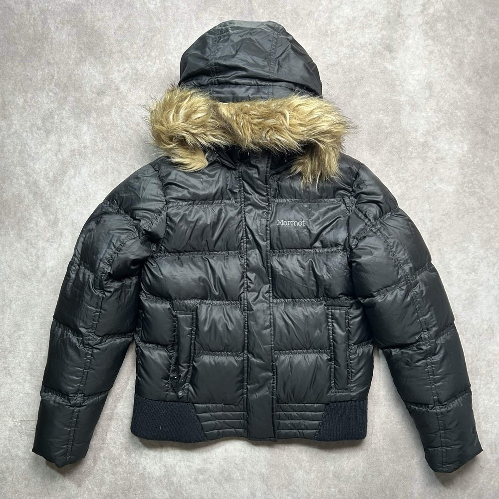 Marmot Kids Puffer Jacket 700 Fill Down Faux Fur Hood Black Size Large Snap Zip